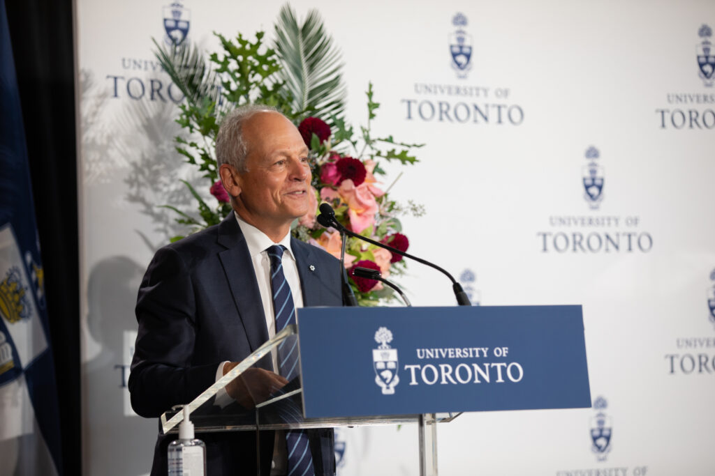 University of Toronto President Meric Gertler stands at a podium as he makes his remarks at the gift announcement event.