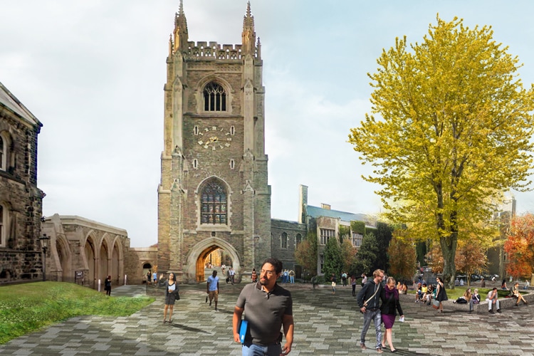 Granite pavers cover a wide pedestrian space in front of Hart House and the Soldiers' Tower.