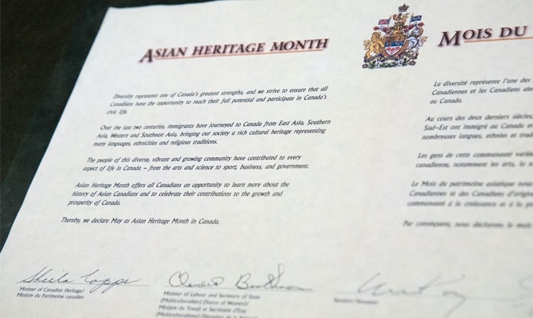 Original copy of the declaration of May as the Asian Heritage Month in Canada