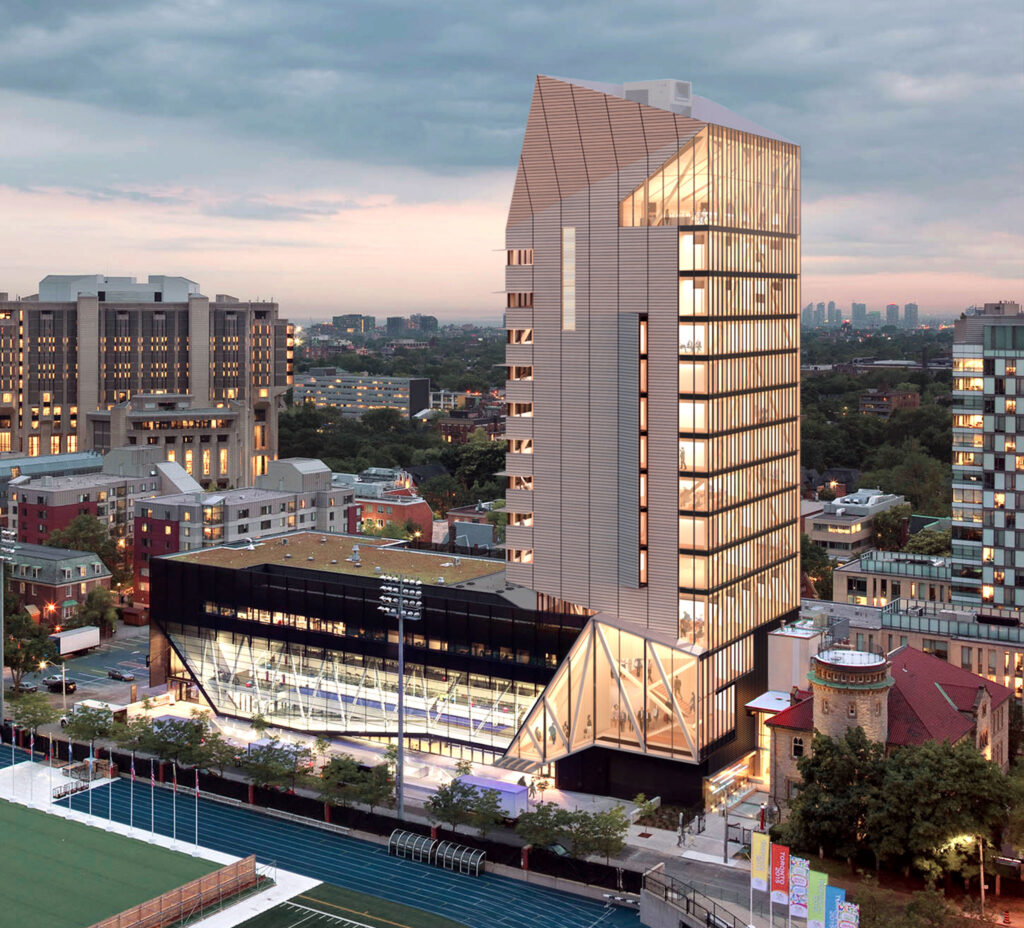 An artist’s illustration shows a 14-storey building with 1 glass face and 1 wooden face, standing next to Varsity Stadium.
