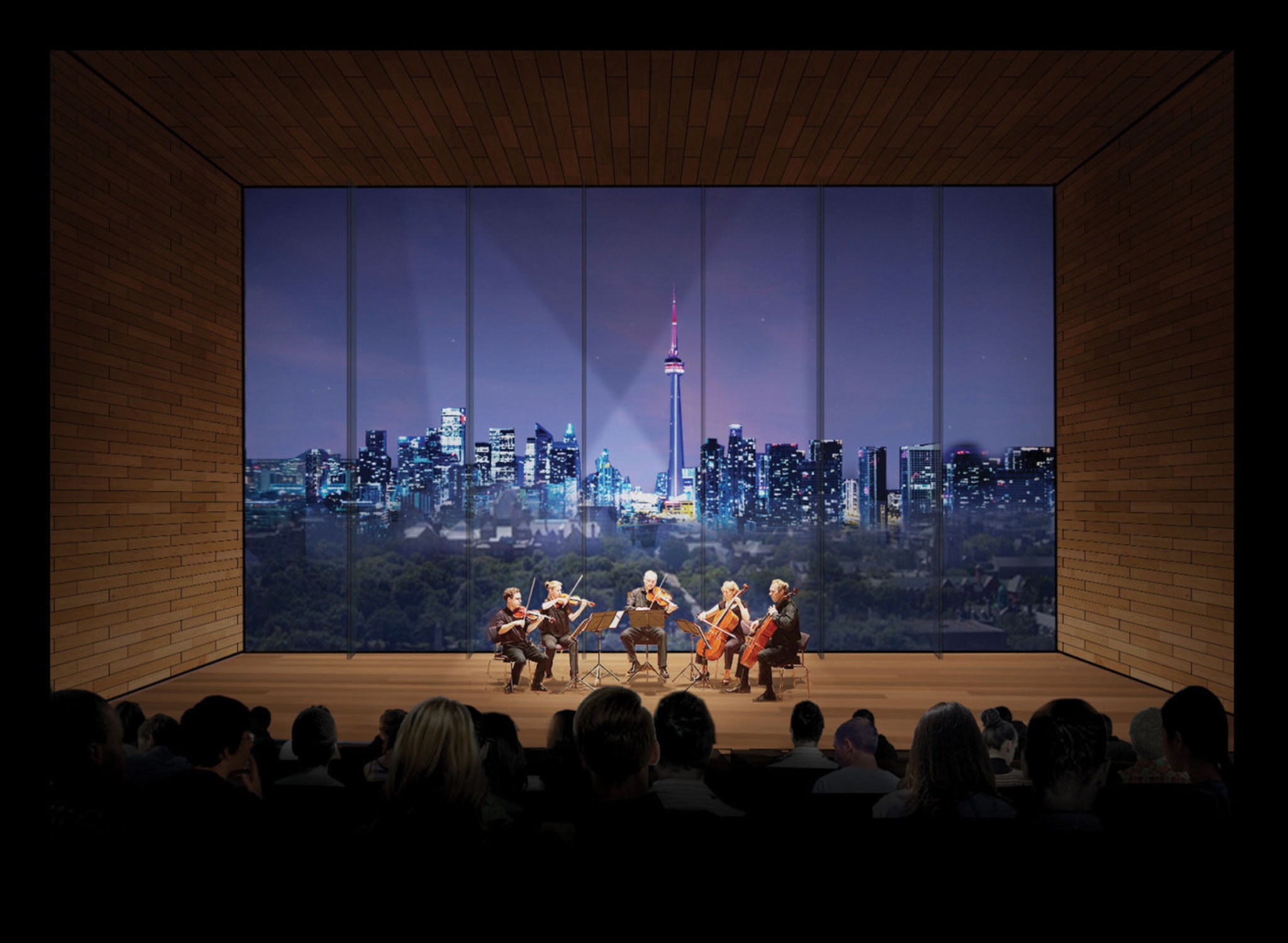 In an artist’s illustration, 5 musicians play string instruments on a stage. Behind them, big windows show Toronto at night.