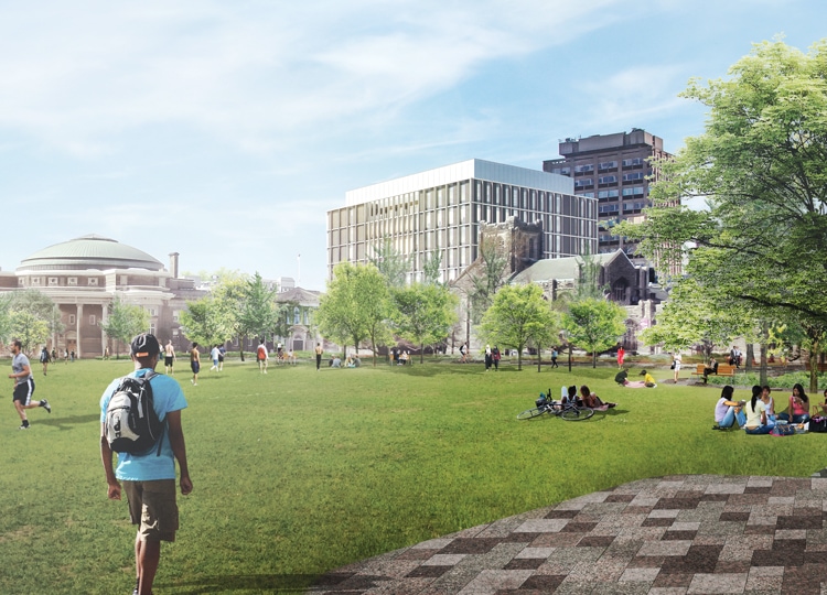 An artists' rendering of Front Campus shows a green space edged with trees and pedestrian walkways.