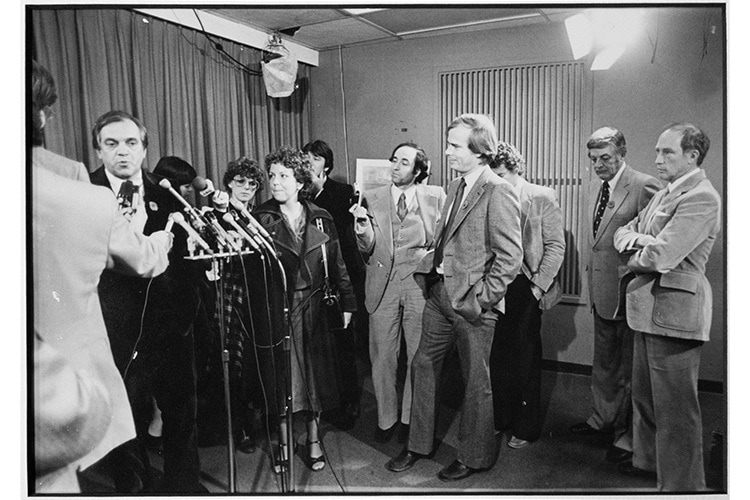 Peter Mansbridge (fourth from right) with Pierre Trudeau (far right) in 1978. Photo by Rod MacIvor.