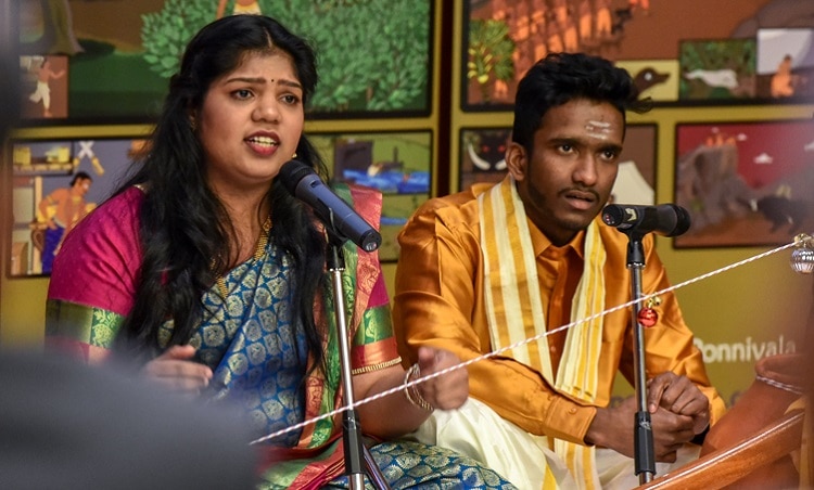 U of T Scarborough student Tharscika Ramaneekaran (at left), culture director of U of T Scarborough’s Tamil Students’ Association, participates in the performance of an epic story at the Tamil Heritage Month celebration. Photo by Joseph Burrell.