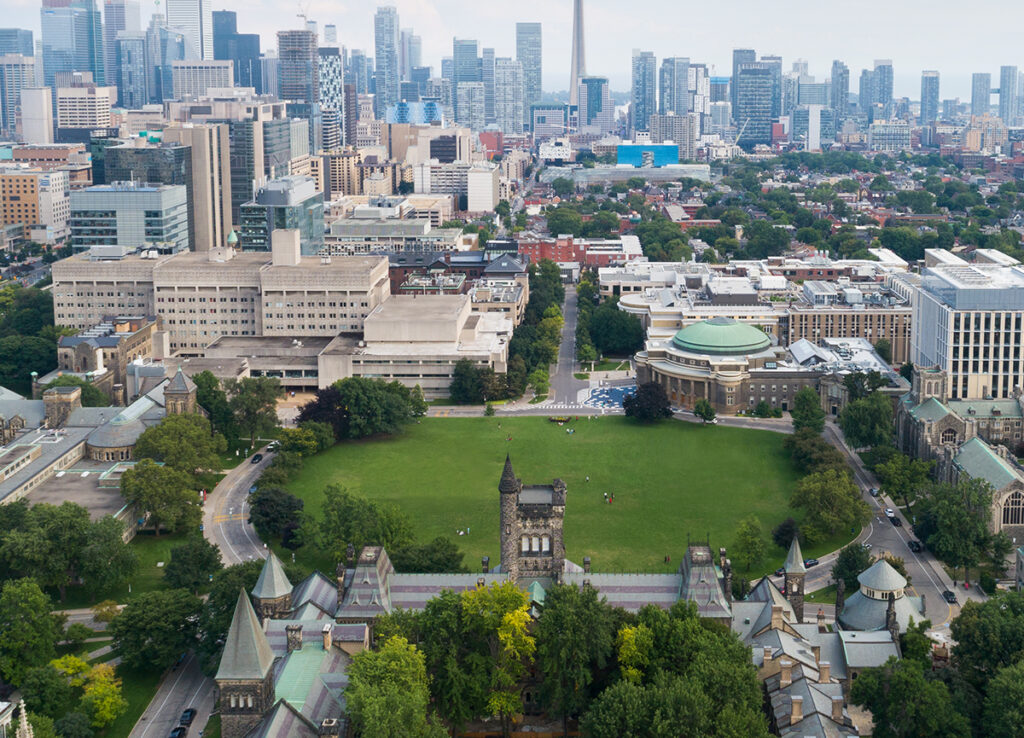 U of T's Front Campus, showing the location of the new James and Louise Temerty Building opposite Convocation Hall.