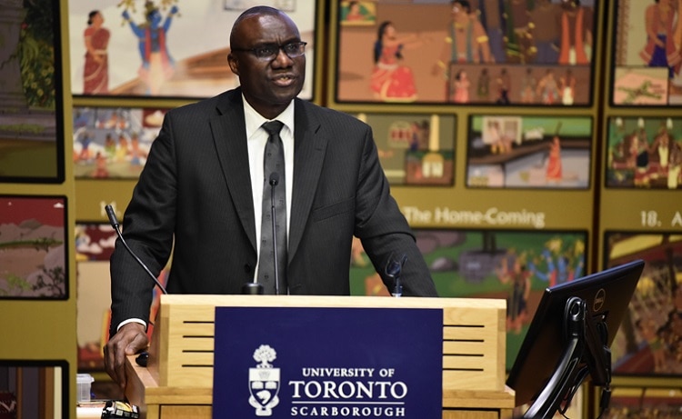 Wisdom Tettey, the vice-president and principal of U of T Scarborough, speaks during the Tamil heritage celebration. Photo by Joseph Burrell.