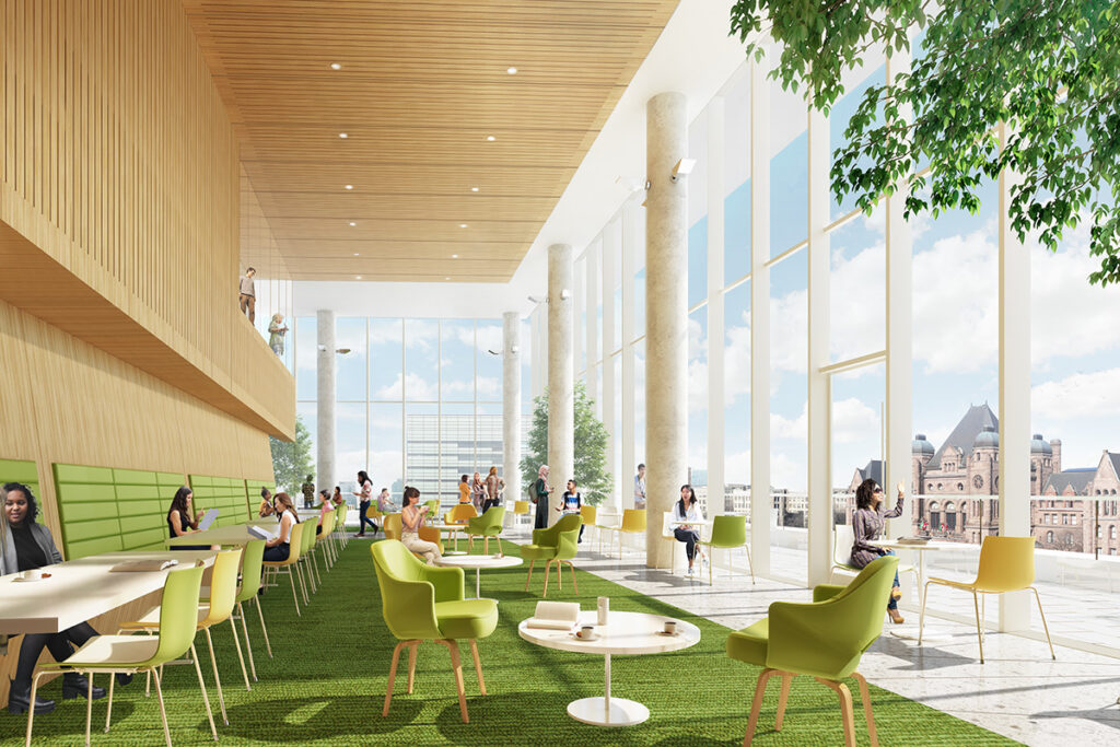 Rendering of an airy, stylish communal space with chairs and tables, overlooking Queen's Park.
