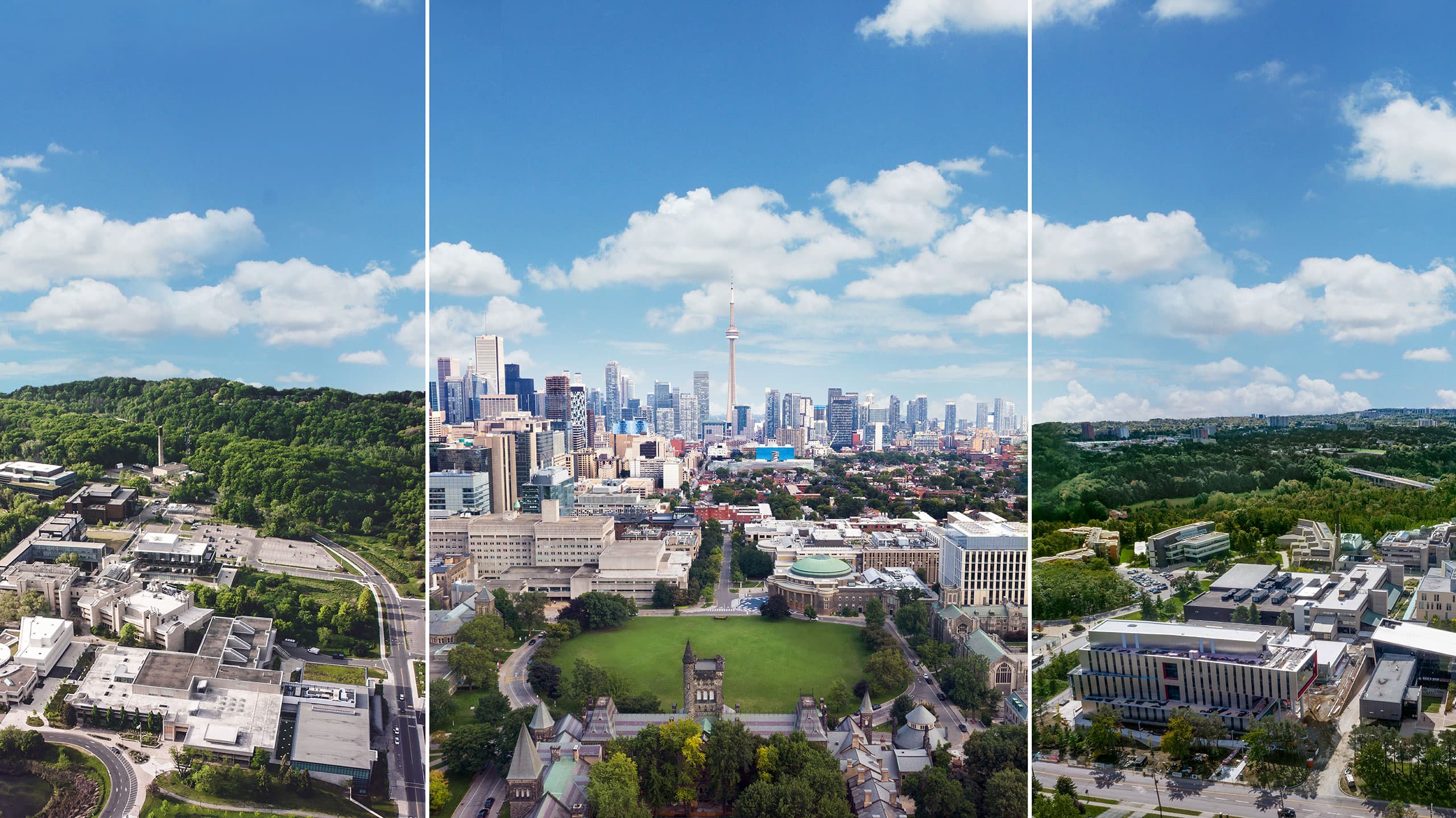 A composite image shows aerial views of the three U of T campuses: Scarborough, St. George and Mississauga.