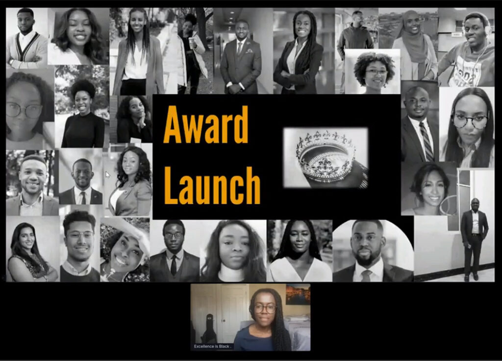 A screenshot from the Excellence is Black Award Launch shows a collage of photos of Black leaders and achievers.