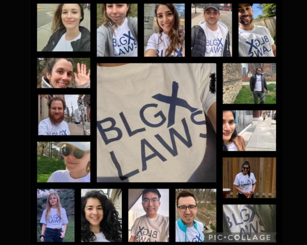 A collage of selfies show young people outdoors wearing T-shirts with the words BLG X LAWS.