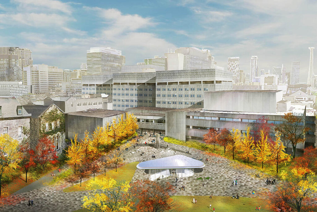 An artist's illustration shows a tiled plaza with ramps and a shelter on Front Campus outside the Temerty Faculty of Medicine.