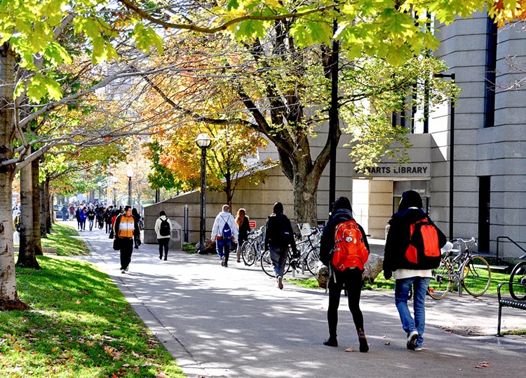 Students walk along the sidewalk outside Robarts Library in autumn: image indicates a link to the campaign leadership team.