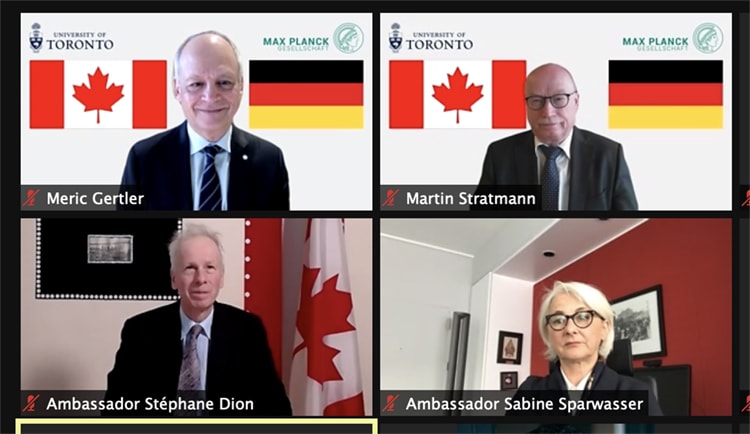 Meric Gertler, Martin Stratmann, Sabine Sparwasser and Stéphane Dion participate in a video call.