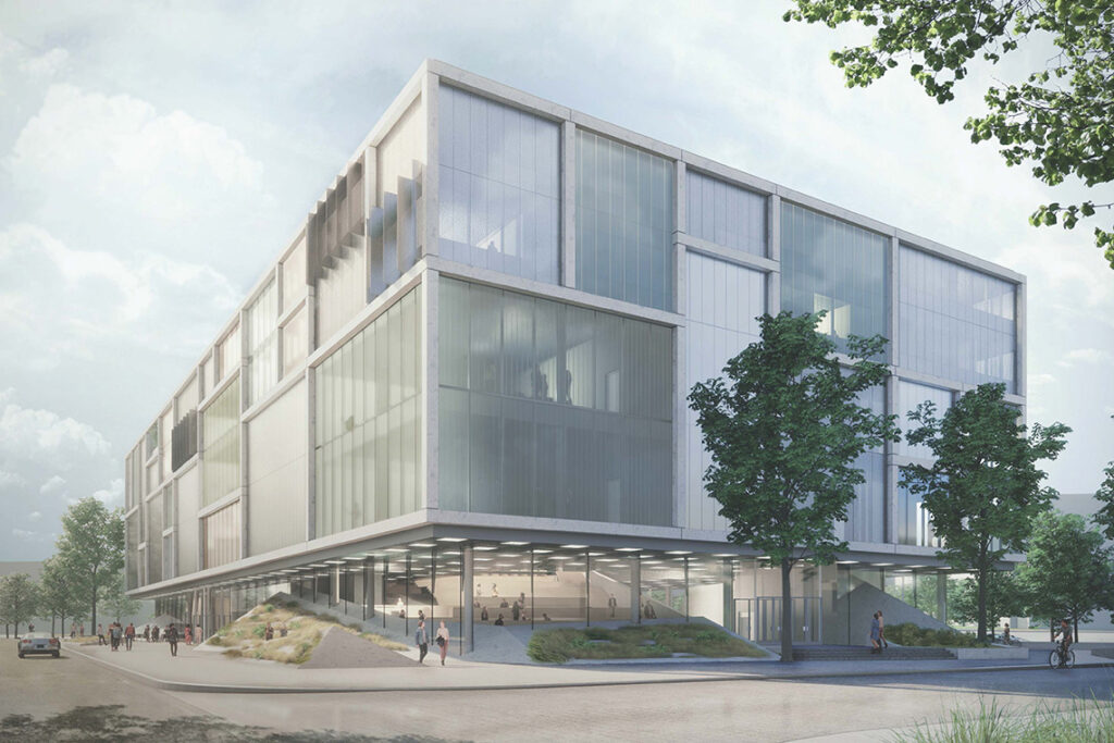 An artist's illustration of Instructional Centre 2 shows a glass-walled building with a large, sunny atrium.