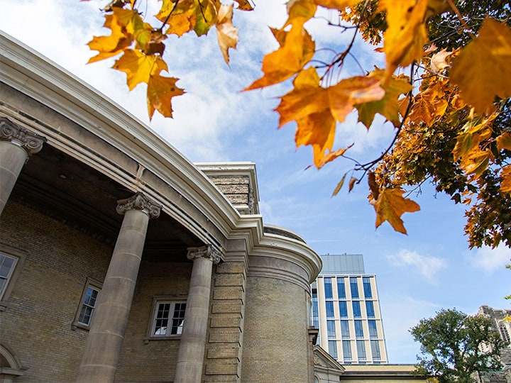 Convocation Hall with autumn leaves on a nearby tree: the image is next to the update your email link.