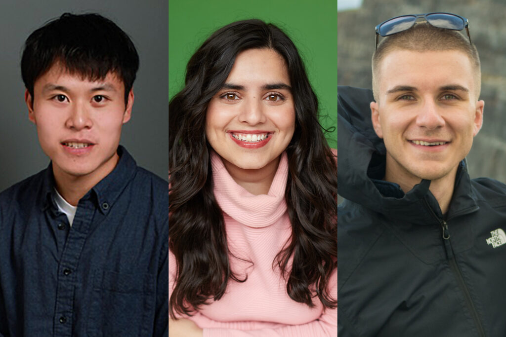 Side-by-side portrait photos of Will Kwan, Haleema Khan and Danny McInnis, all smiling.