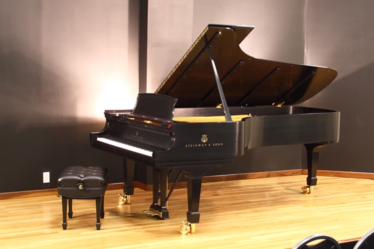 A Steinway Model D grand piano stands on a stage.