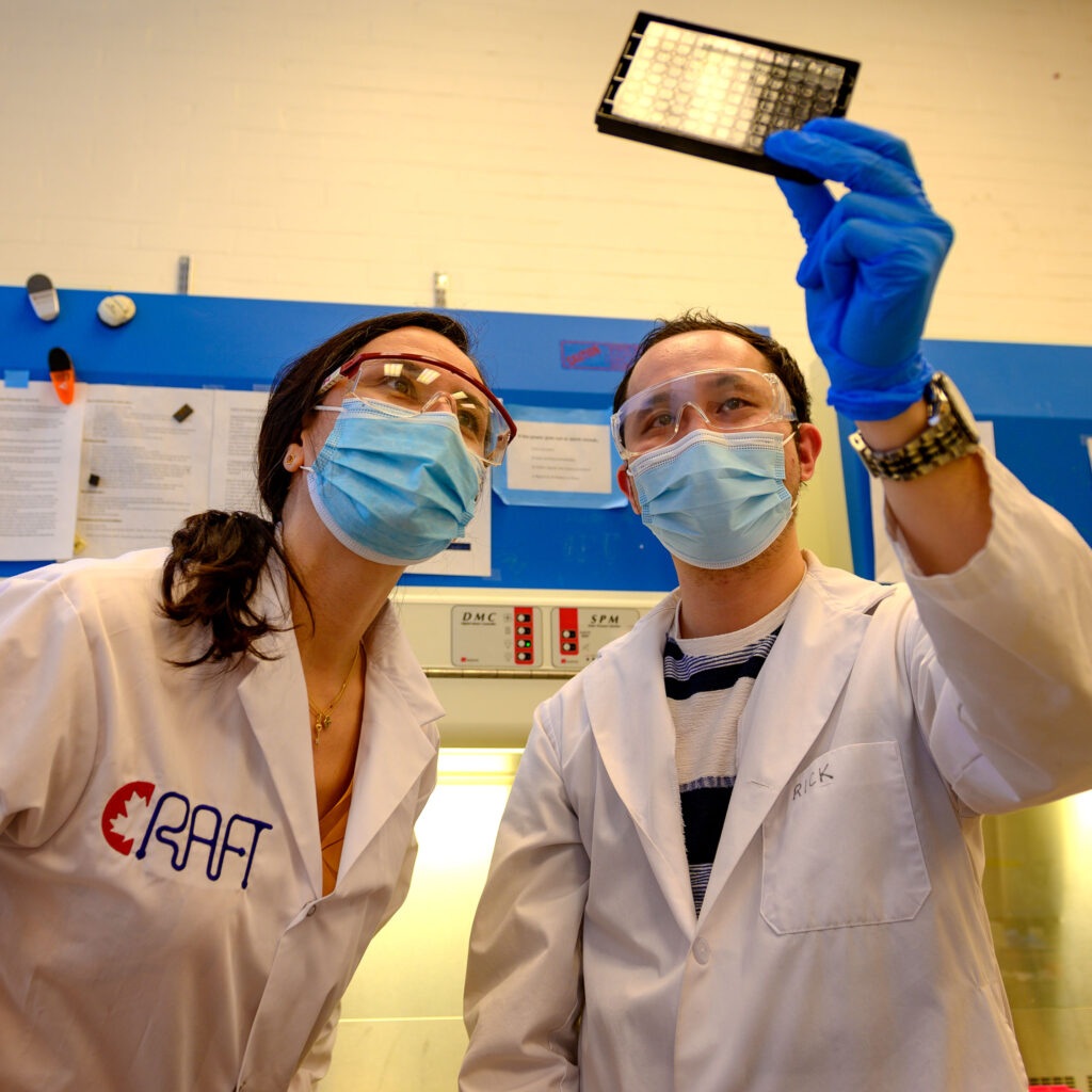 Milica Radisic and Rick Lu, wearing masks, goggles, and lab coats, peer upwards at a device the size of a calculator.