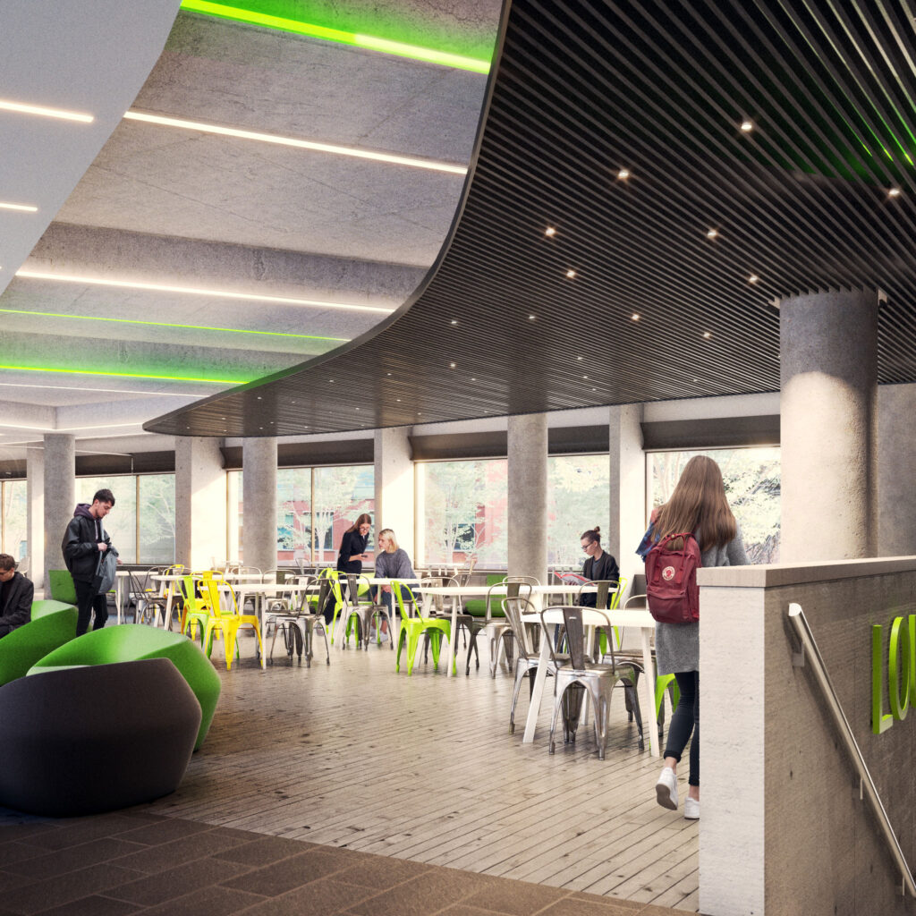 Students chat in an airy cafeteria space with cheery green chairs.