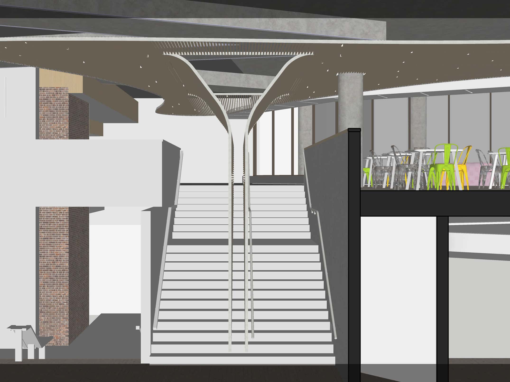 An artist's illustration shows a wide staircase leading up to a cafeteria area.