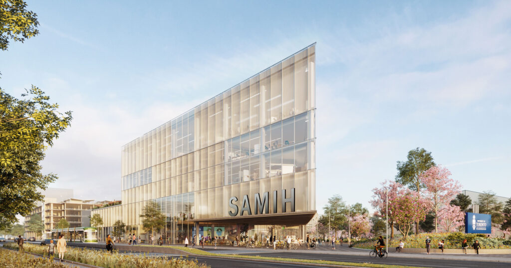 An artist's illustration shows a triangular building with large letters on its side: S.A.M.I.H.