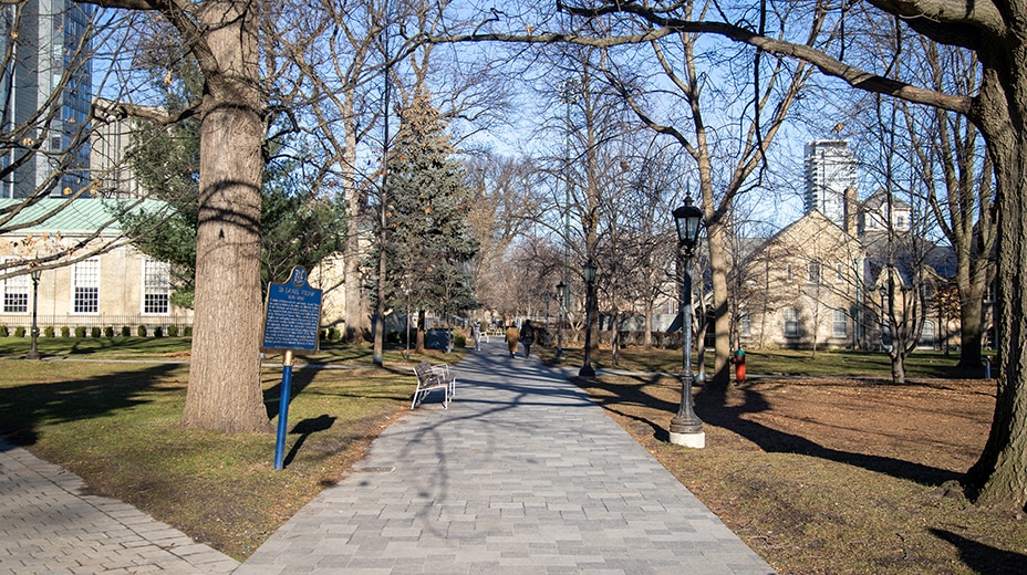 A wide pathway, paved with stone tiles, runs over a lawn between trees.