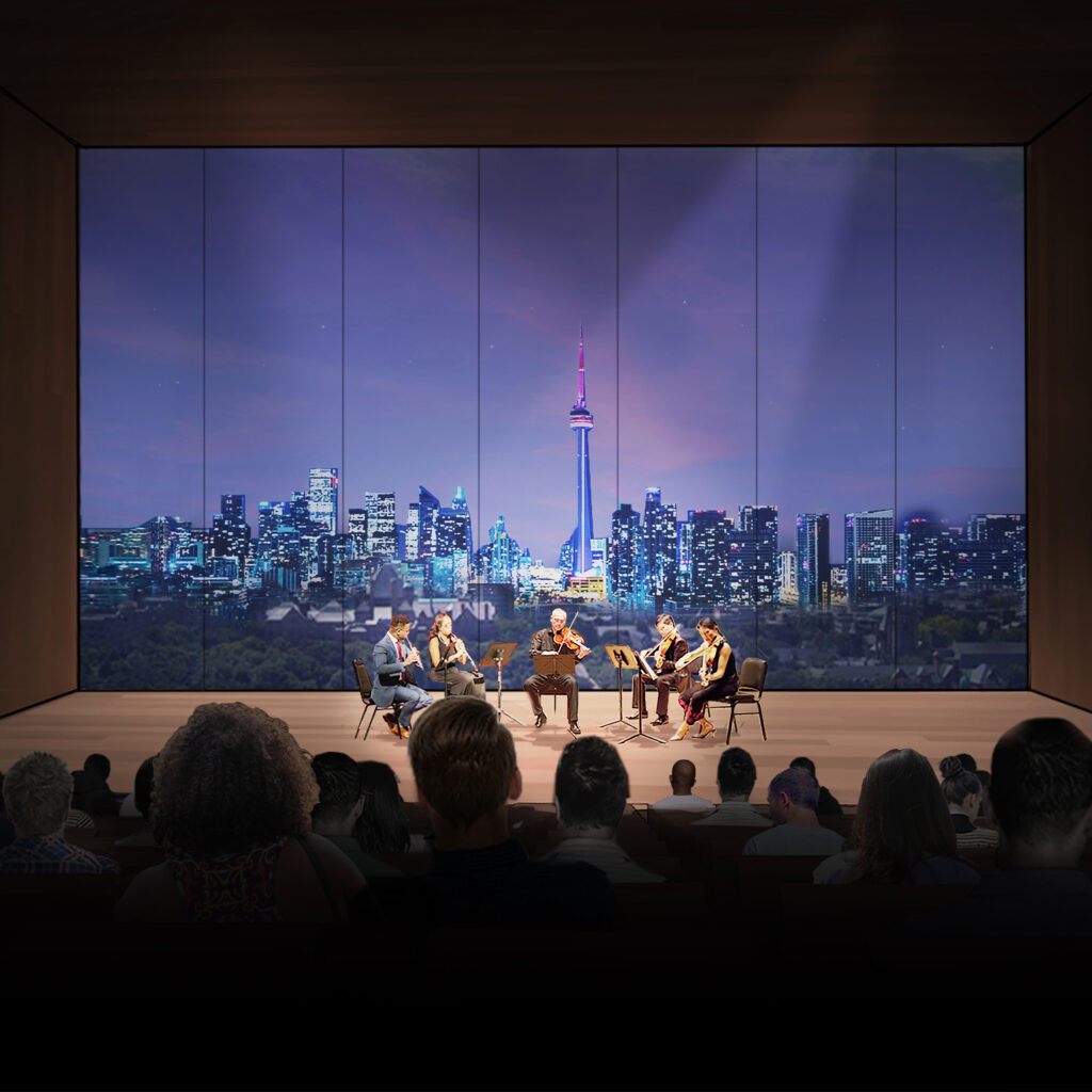 In an artist's rendering, musicians play on a platform in front of a giant window, looking out on downtown Toronto at night.