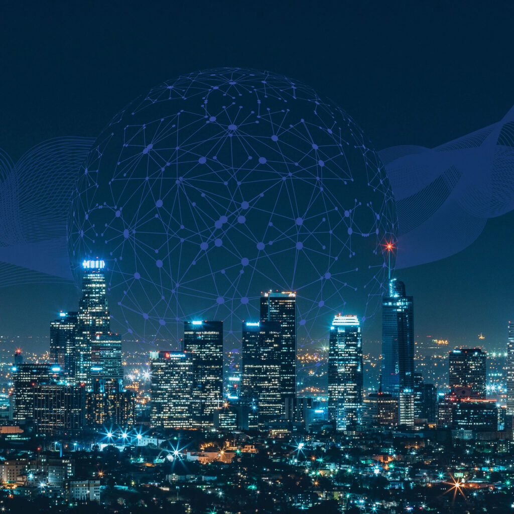 In an artist's illustration, a globe made of interconnecting nodes is superimposed on a city skyline at night.