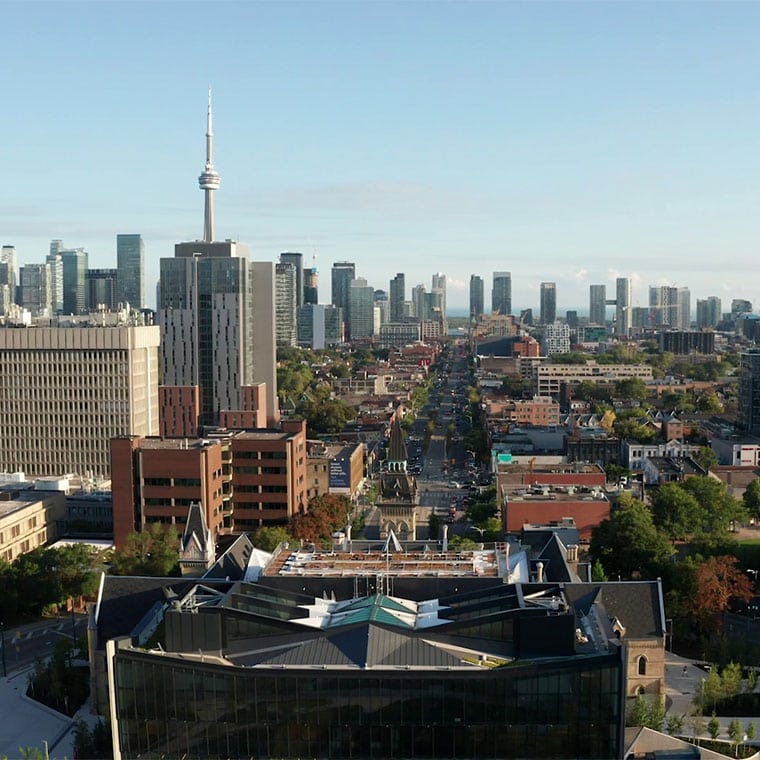 An aerial view looking down University Avenue in Toronto.