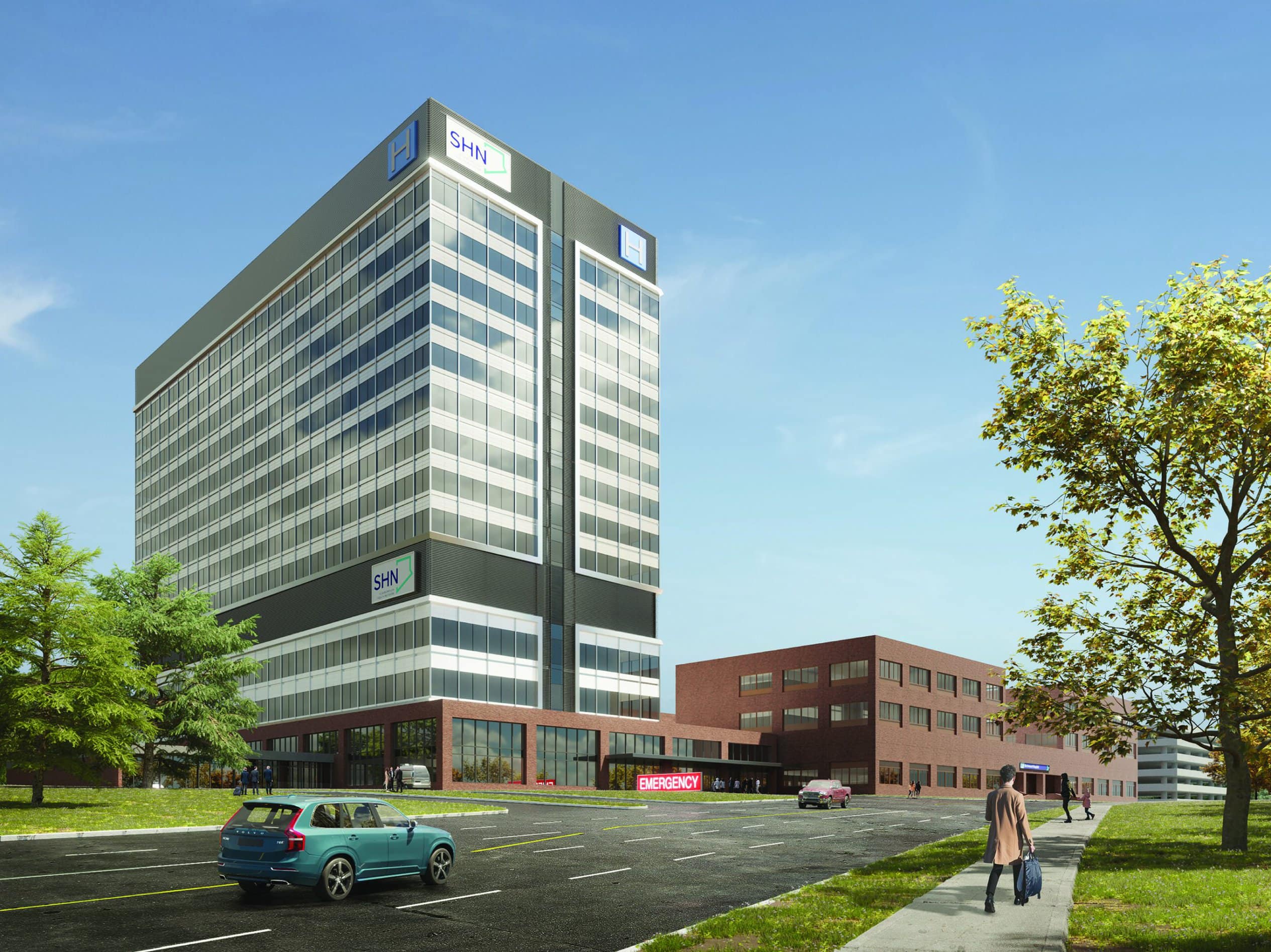 Architectural rendering of proposed BIrchmount Hospital site: a tall square building with the logo SHN.