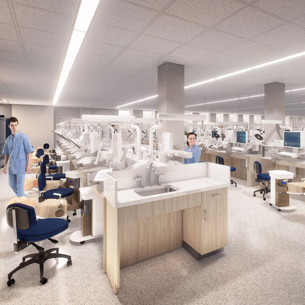 An artist's illustration of a large room with modern dental workstations, each outfitted with a mannequin patient.