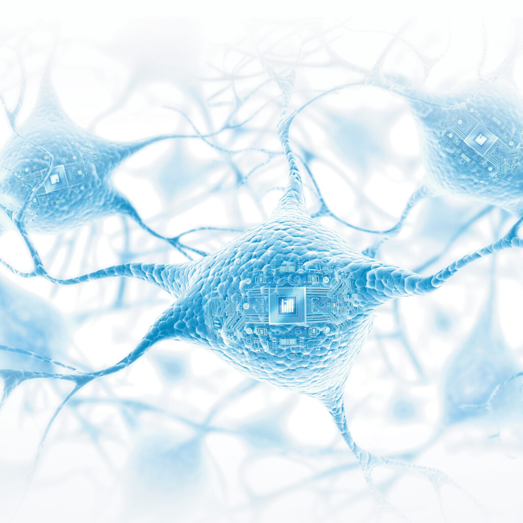 An imaginative illustration shows connected neuron cells with circuit boards inside them.