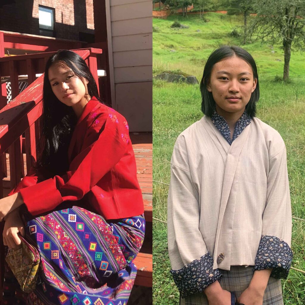 Composite: Nangsen Tshering and Tshering Chuki Wangmo, each smiling and wearing Bhutanese clothing.