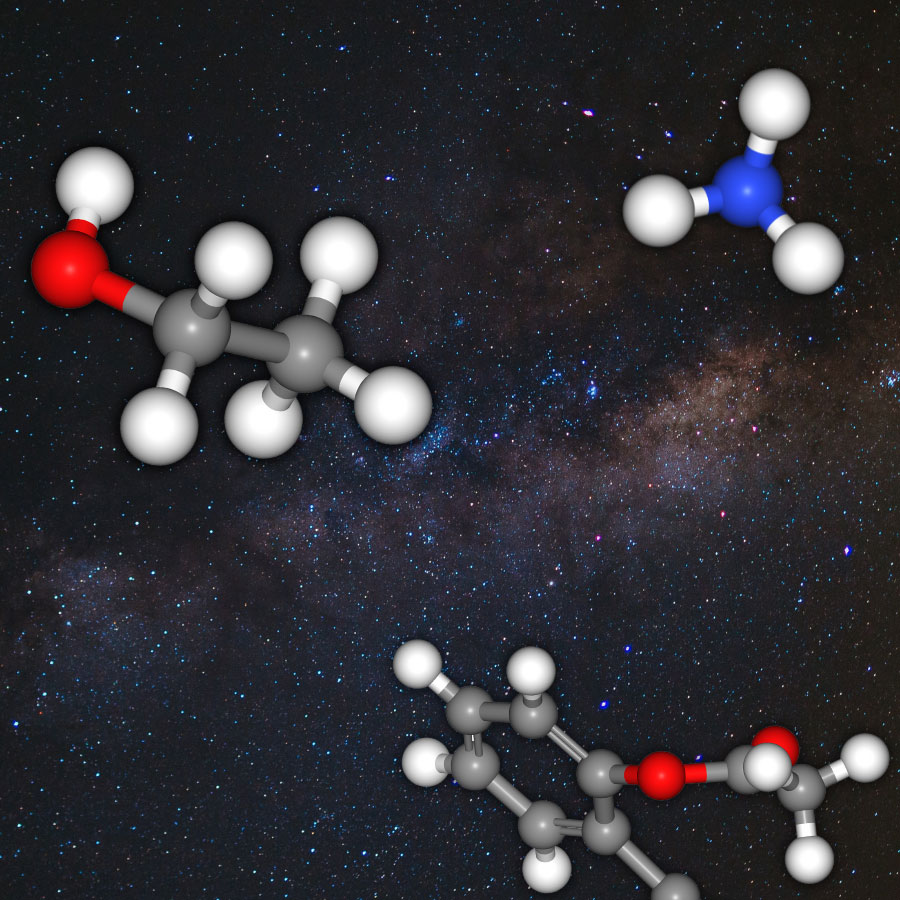 Round blobs joined together by sticks represent molecules, floating over a background of a starry night sky.