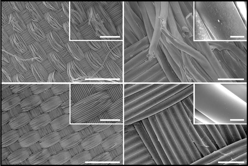 Fabric fibres, seen under a microscope, are broken when uncoated and intact when coated.