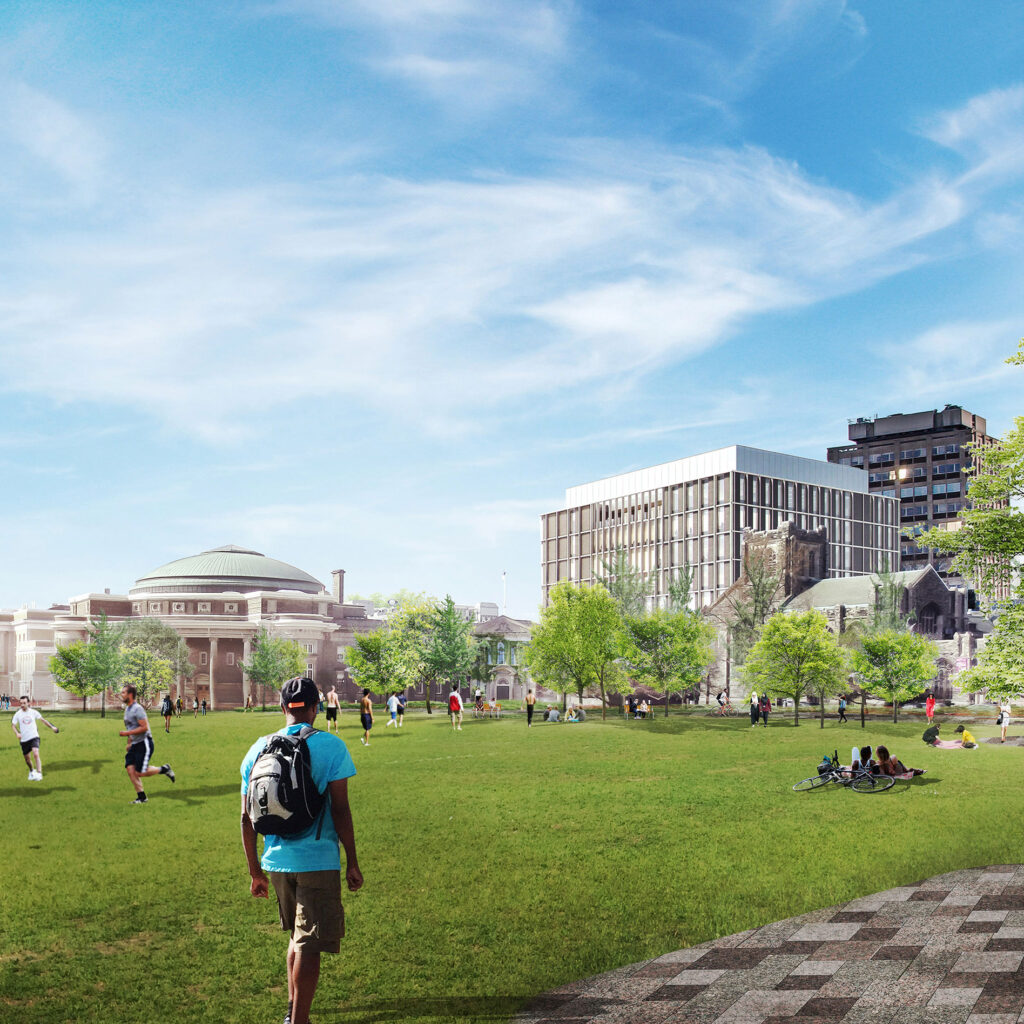 Illustration of the new Front Campus above the geo-exchange: people enjoy green grass edged with leafy trees.