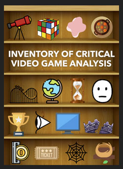 The book cover for Inventory of Critical Video Game Analysis shows different game icons placed in a bookcase.