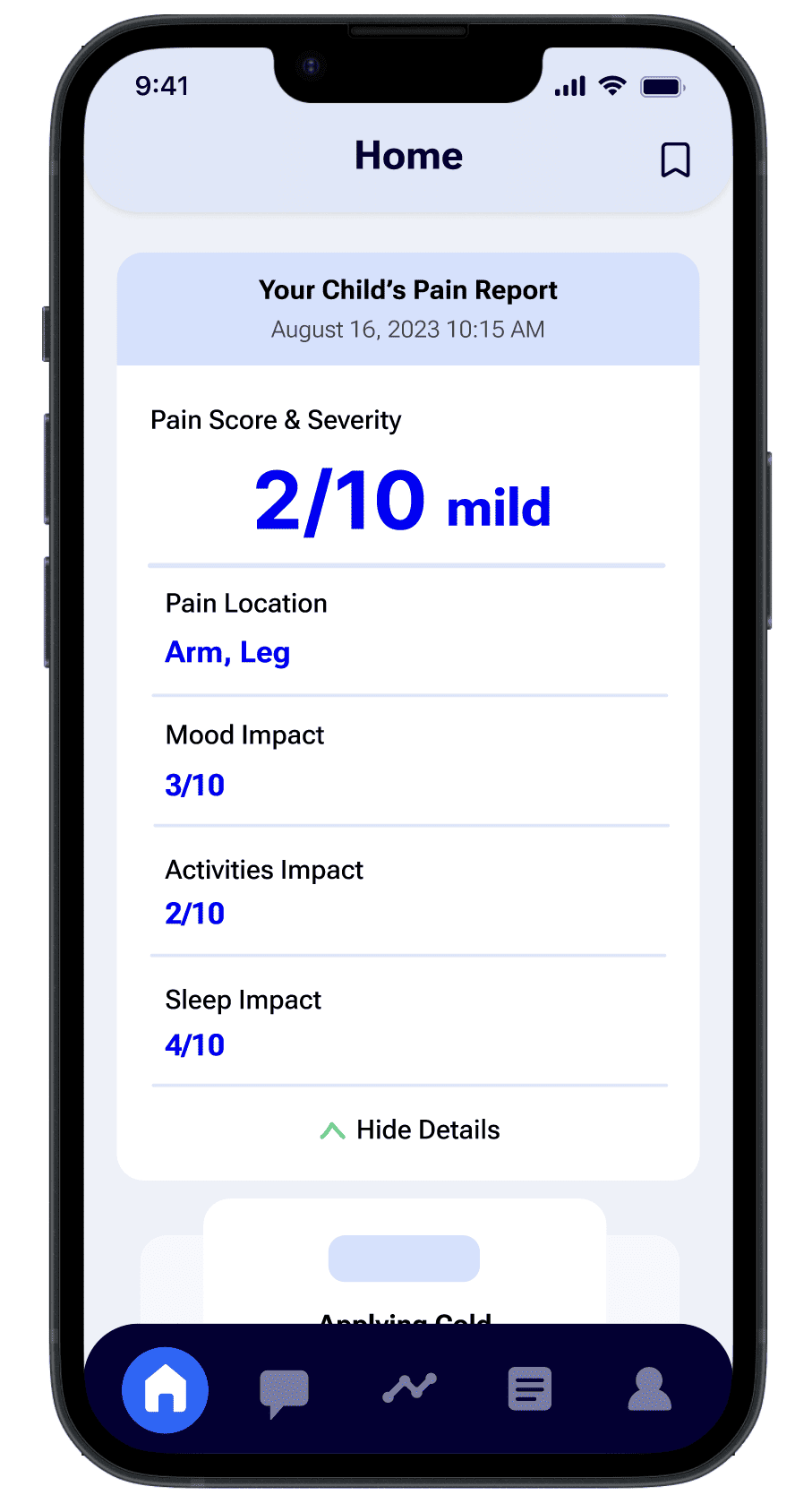 An image of a phone featuring the pain management app for parents of children with cancer.