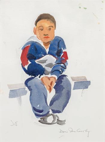 A painting of a boy sitting on a bench