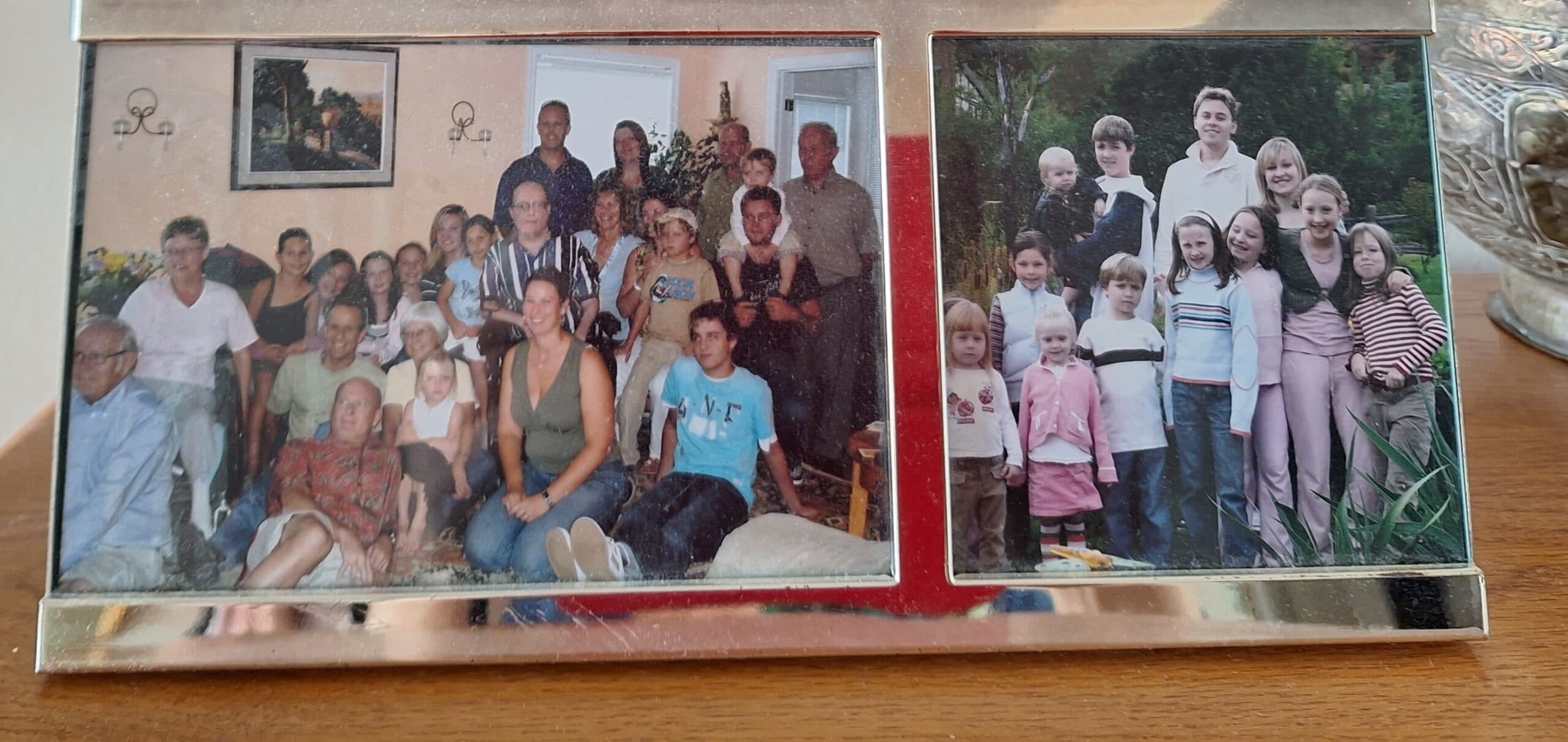 Two group photos of a family.