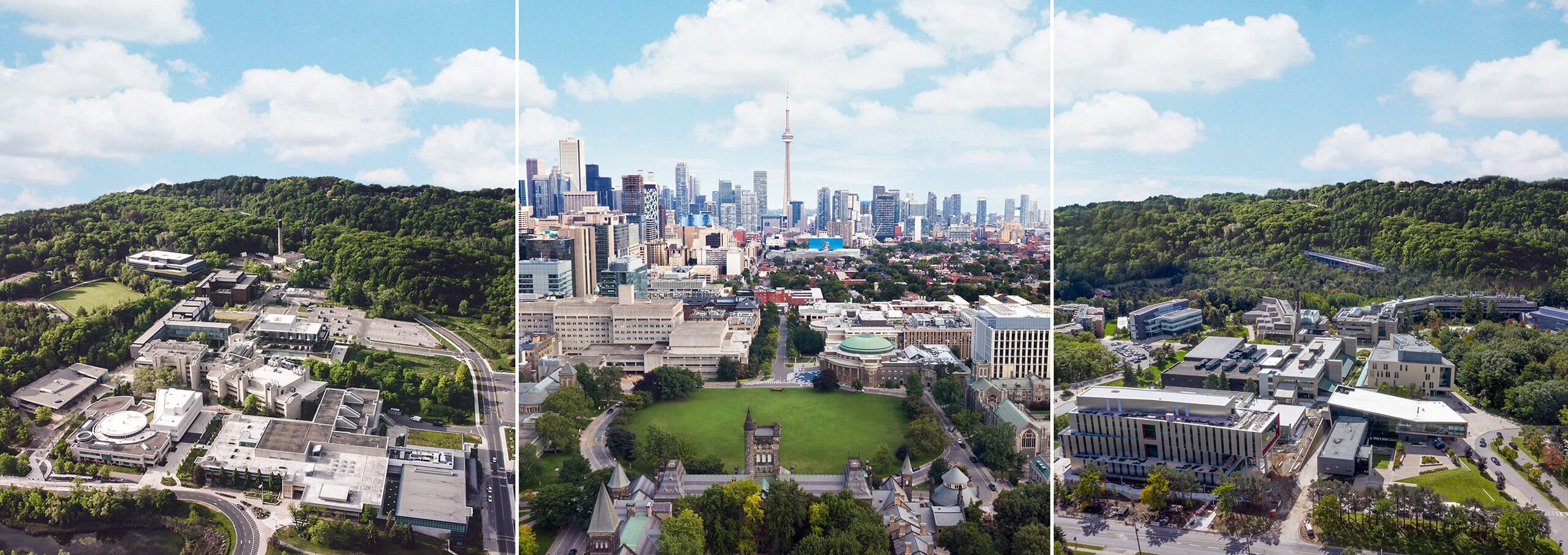 Ariel shots of all three U of T campuses merged together