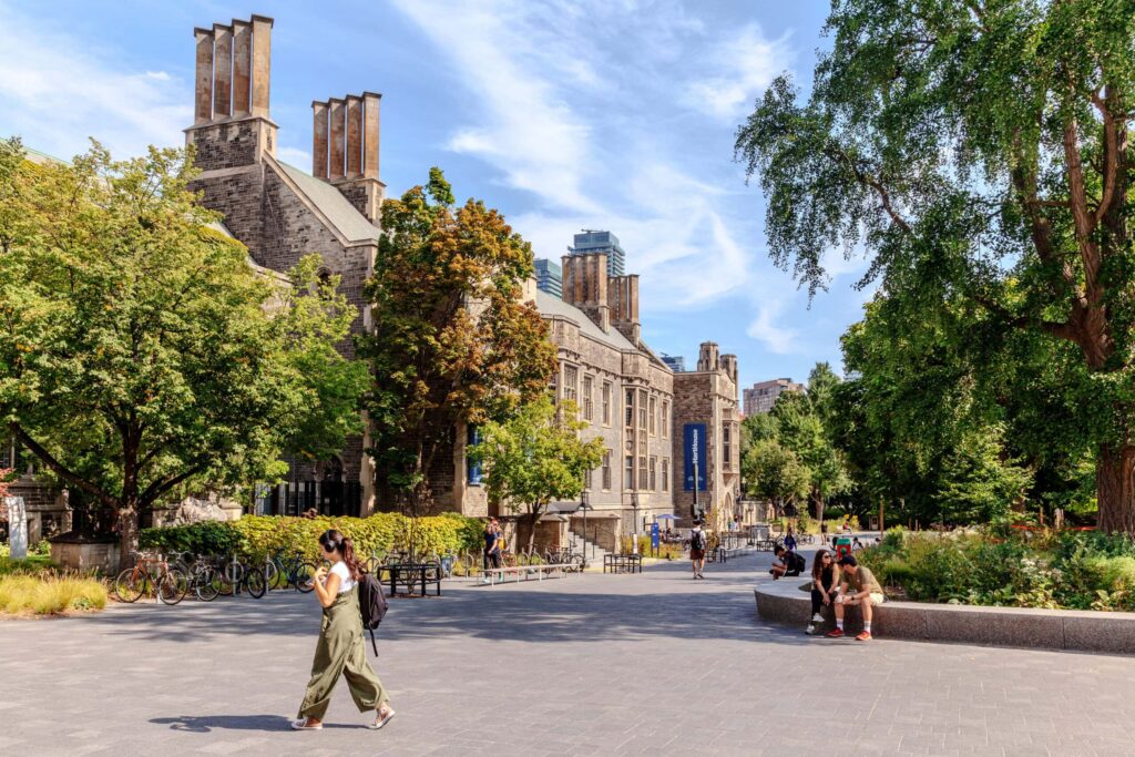 Photo of are in front of Hart House and Soldiers' Tower, rebuilt to be more accessible