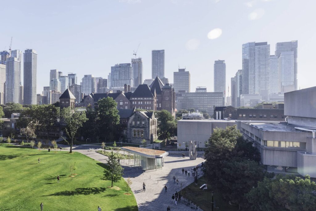 Photo looking east toward the new Temerty Plaza in front of the Medical Sciences building