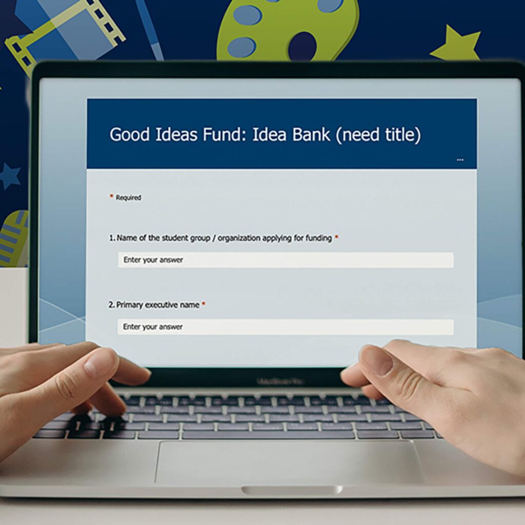 A laptop screen with text that reads "Good Ideas Fund: Idea bank (need title)