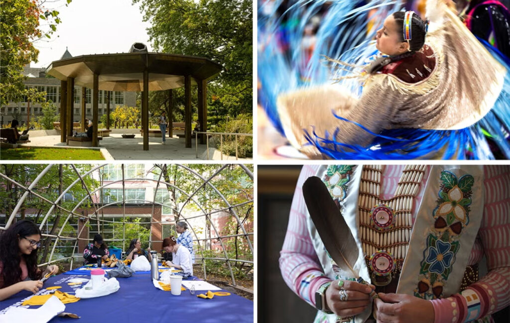 A collage of four images. One features a pergola outdoors. Another is a person dancing in traditional Indigenous clothing. The third is a person holding a feather and the fourth is a group of people seated at a table outdoors.