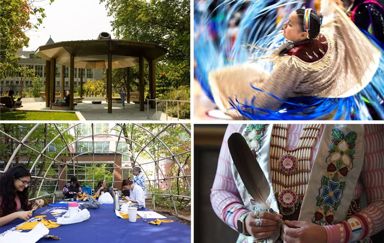 A collage of four images. One features a pergola outdoors. Another is a person dancing in traditional Indigenous clothing. The third is a person holding a feather and the fourth is a group of people seated at a table outdoors.