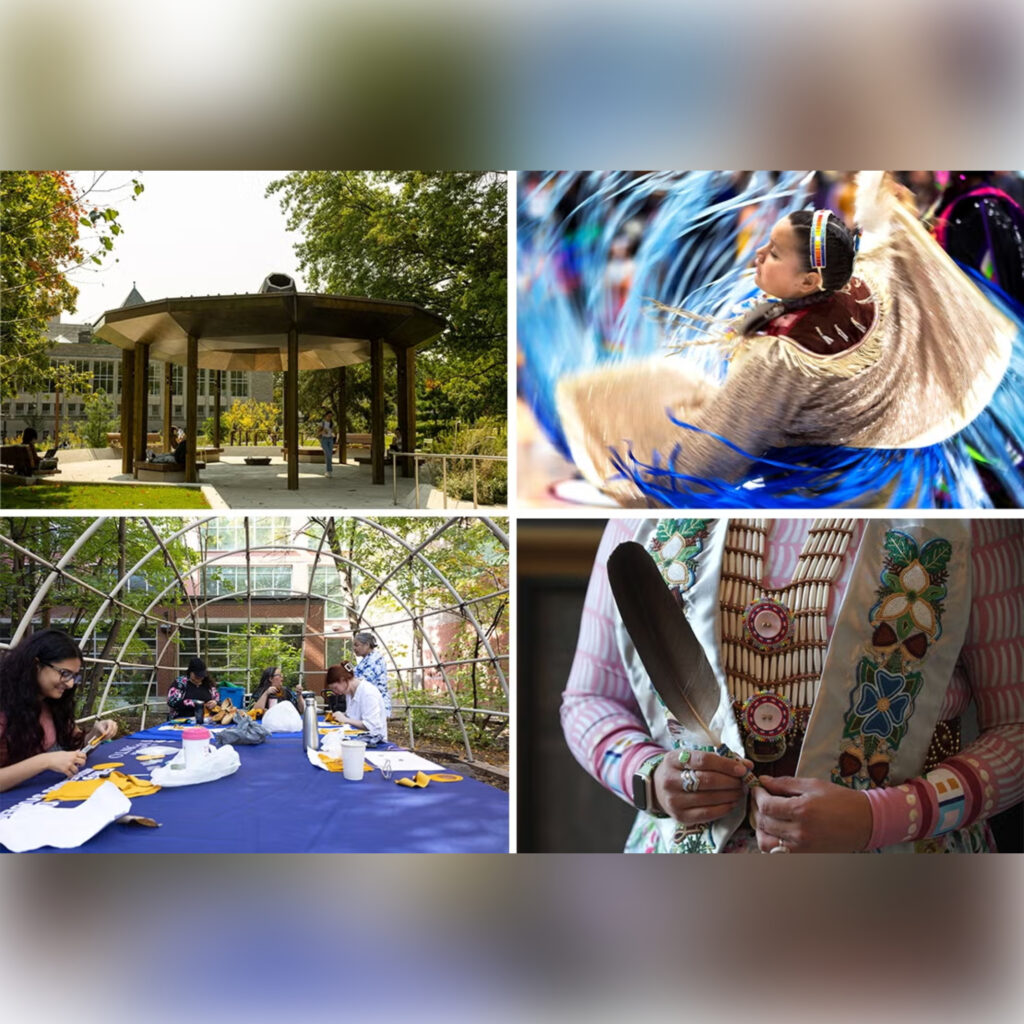 A collage of four images. One features a pergola outdoors. Another is a person dancing in traditional Indigenous clothing. The third is a person holding a feather and the fourth is a group of people seated at a table outdoors.