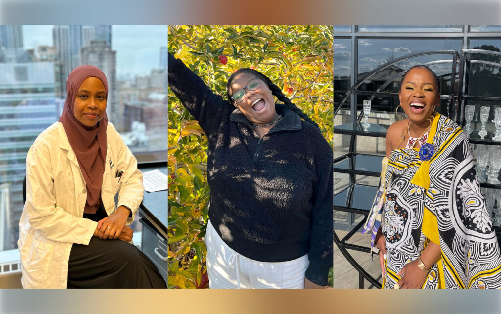 A composite image of three people posing