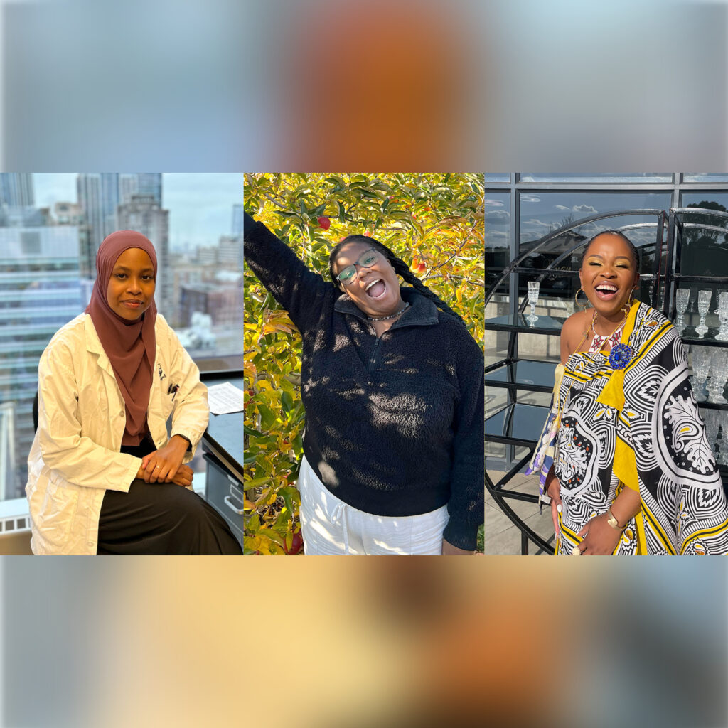 A composite image of three people