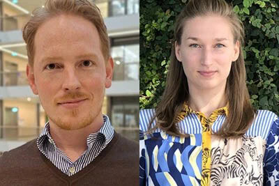 A composite photo of a man and woman's headshots